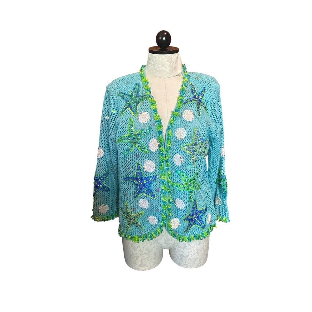 Design Options Philip & Jane Gordon‎ Starfish Beach Sequin Knit Cardigan Blue L